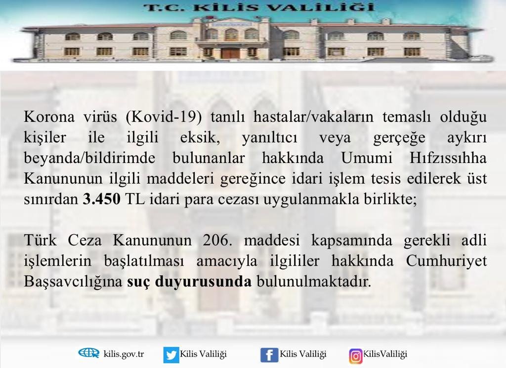 Kovid-19 pozitif vaka temaslıları hakkında yanlış, eksik veya gerçeğe aykırı beyanda bulunanlar hakkında;
