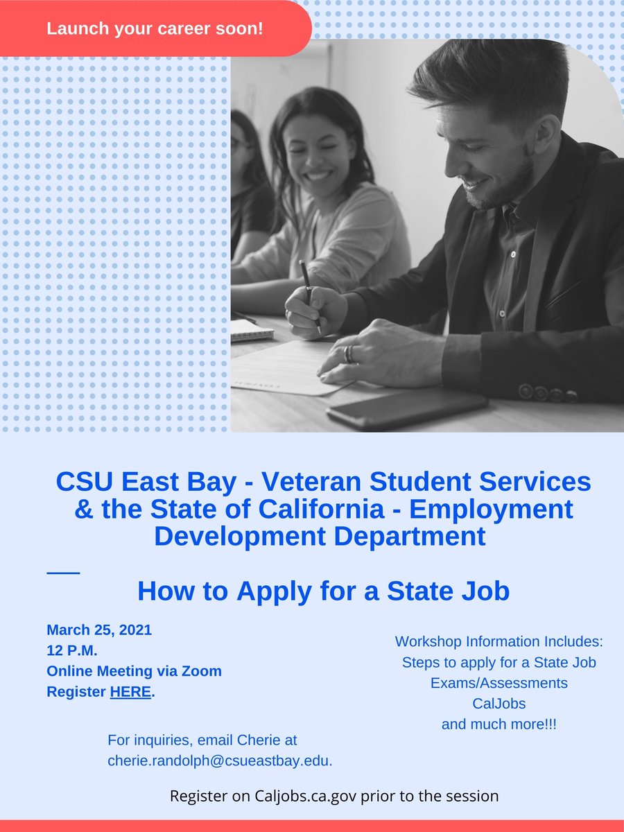CsuebSvo's tweet photo. Greetings-
Do you have an interest in applying for a CA state job? If so, great news! The Veteran Student Services have an expert from the EDD coming to speak on this exact topic today at 12pm. Click this link to register for this event! https://t.co/NAvbw5s5c1 https://t.co/IS3eJACVC8