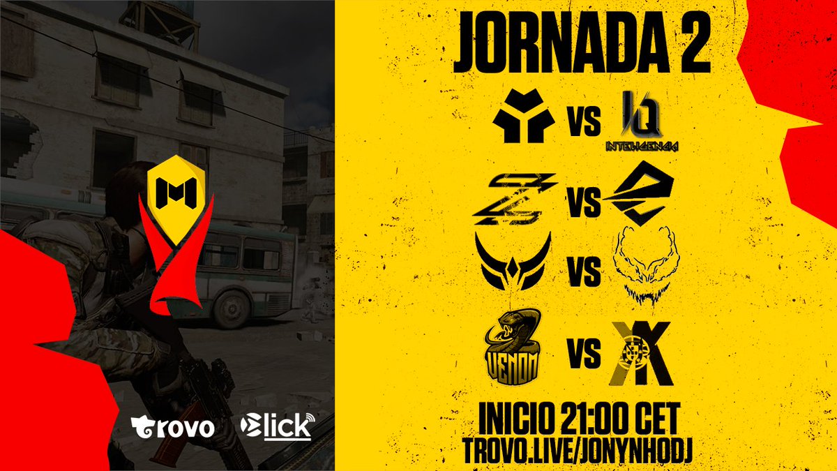 Dia 2 de la jornada 2 de la liga de #CoDMobile 

1⃣ <a href="/Trisium/">Trisium Esports</a> vs <a href="/INTELIGENCIA_EU/">INTELIGENCIA</a> 

2⃣ <a href="/ZeroClanCODM/">Żerø Clan</a> vs <a href="/ElevateE8/">Team Elevate</a> 

3⃣ <a href="/synxGG/">Synx Gaming Club</a> vs @maximumklyntar 

4⃣ #Venom vs #Advertence

💸 500$
⏰ 21:00
🎙️ <a href="/Jonynho_Dj/">JonynhoDj</a> y <a href="/_Cebepuche_/">Cebepuche</a> 
📺 trovo.live/JonynhoDj
By: <a href="/trovolive/">Trovo Live</a>