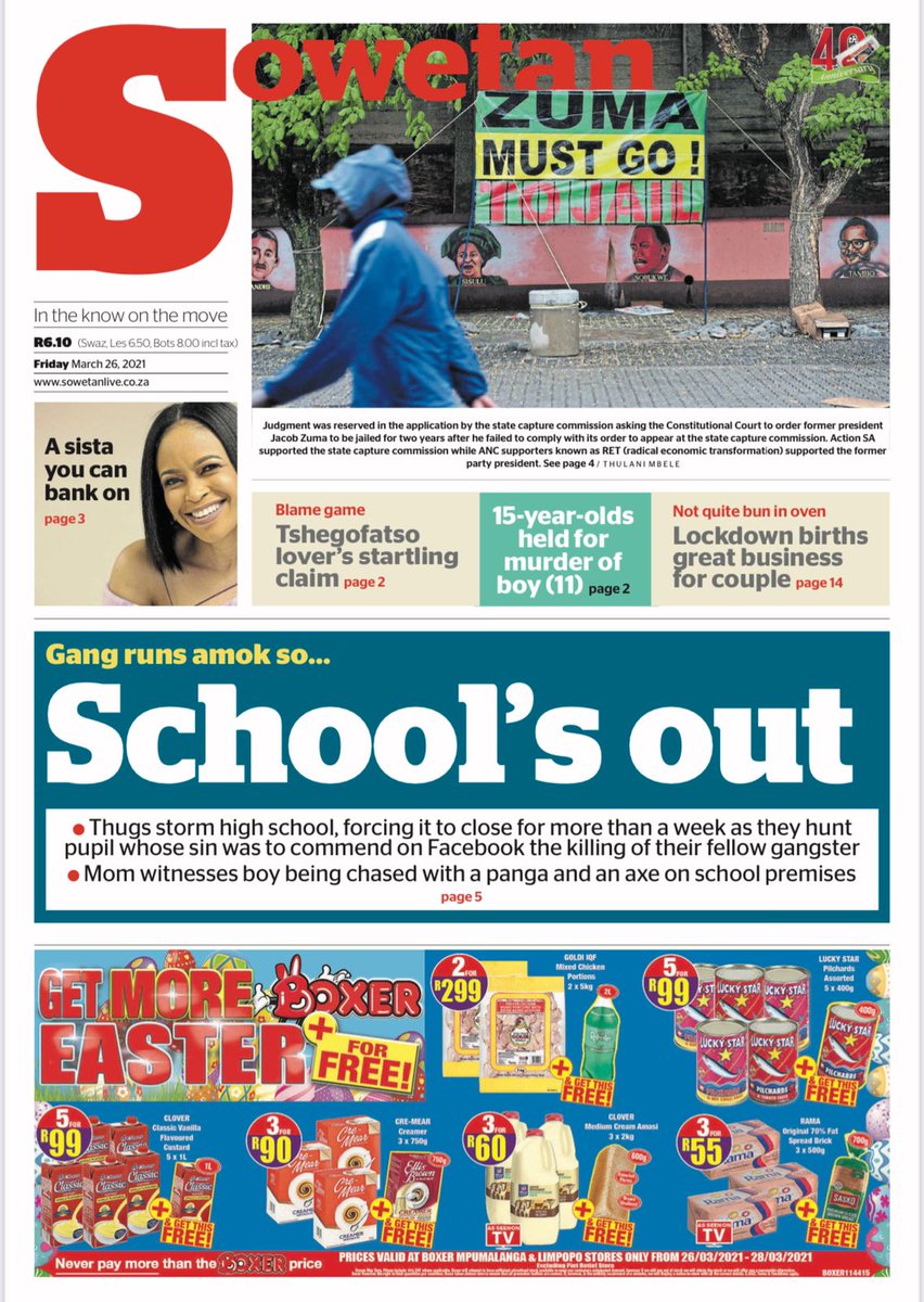 Sowetan1981's tweet photo. IN YOUR FAVOURITE NEWSPAPER TOMORROW:

● Thugs storm high school, forcing it to close for more than a week as they hunt pupil whose sin was to commend on Facebook the killing of their fellow gangster

● Mom witnesses boy being chased with a panga and an axe on school premises. https://t.co/EzkwNEacfq