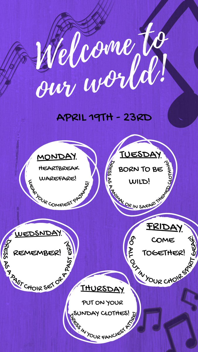 vvhs_choir's tweet photo. Hey guys it’s Enrique! I wanted to start a new tradition in our program to get us pumped up for concert week! With that being said, i made a spirit week that correlates with every choir set! Please try your best to participate and submit your pictures! Welcome to our world!🖤💜 https://t.co/ekigo1fzXW
