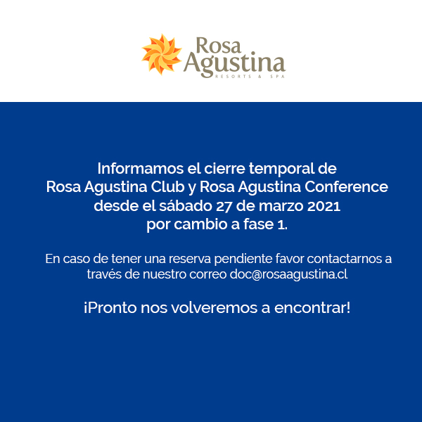 RosaAgustina's tweet photo. Informamos el cierre temporal de Rosa Agustina Club y Rosa Agustina Conference desde el sábado 27 de marzo 2021 por cambio a fase 1.

En caso de tener una reserva pendiente favor contactarnos a través de nuestro correo doc@rosaagustina.cl 

¡Pronto nos volveremos a encontrar! https://t.co/osX4blJR7o