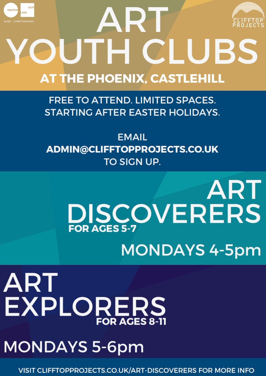 <a href="/ClifftopProjec1/">Clifftop Projects</a> is starting free art youth clubs <a href="/phoenixrockss/">The Phoenix</a> from May. 
Mondays 4-5pm ages 5-7 &amp; 5-6pm ages 8-11.
Young people will explore different art forms each week trying photography, sculpture, map making, drama and more! Email admin@clifftopprojects.co.uk to sign up.