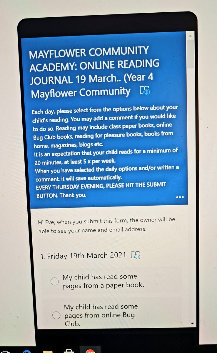 Thursday = Submit your child's online reading journal Y1-Y6 <a href="/Mayflower_MCA/">Mayflower Academy</a> We look forward to talking to your child about their reading!
<a href="/sarah_sandey/">sarahsandeyMCA</a> <a href="/pennypetersMCA/">Penny Peters</a> <a href="/DavidSammels/">David Sammels</a> <a href="/LornafrankMCA/">Lorna Frankland</a> @elliebaileyMCA <a href="/_Reading_Rocks_/">ReadingRocks</a> <a href="/OpenUni_RfP/">Reading for Pleasure 🧶</a> <a href="/TeresaCremin/">Teresa Cremin</a>