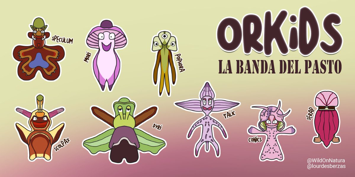 WildOnNatura's tweet photo. ¿Os habéis fijado en las curiosas formas y colores de las flores de las #orquídeas ibéricas?
Hace días se nos fue la cabeza, surgió una idea y @lourdesberzas se lanzó con las ilustraciones. Nació "Orkids, la banda del pasto".
¡Conozcamos esta pandilla y nuestras orquídeas! #HILO https://t.co/suqmi2b5nm