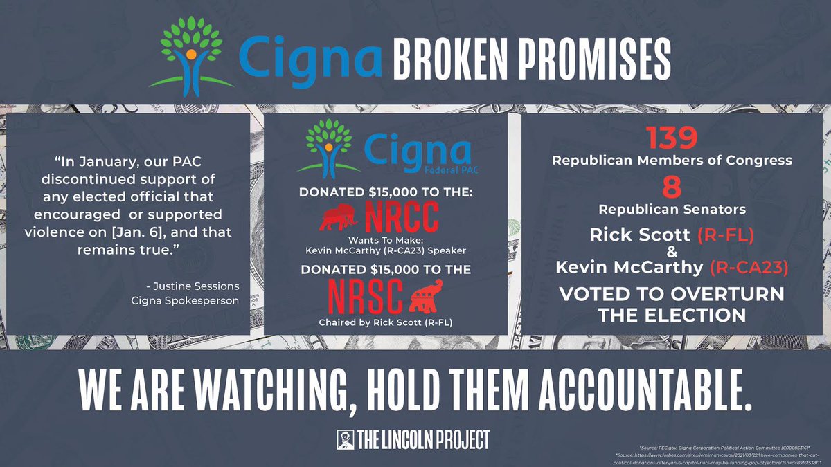 ProjectLincoln's tweet photo. .@Cigna pledged to hold seditionists financially accountable after January 6. But when they thought no one was watching, they quietly resumed donating to them. 

We are watching. Hold them accountable. https://t.co/CpMKkVNyJx