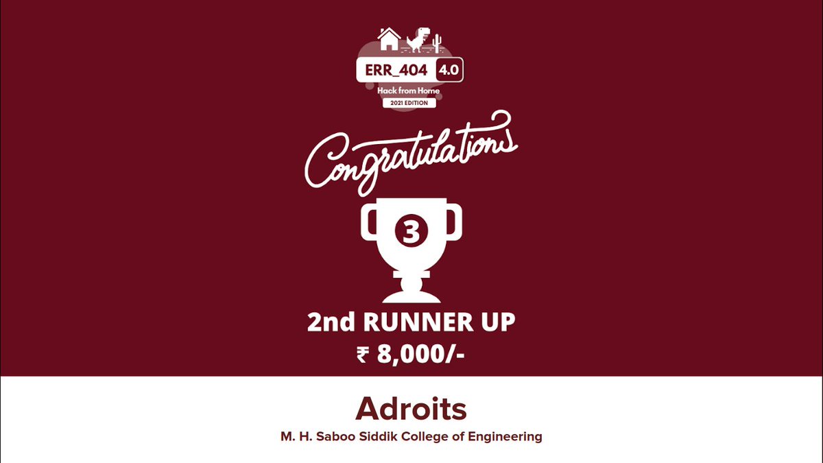 Err404Hackathon's tweet photo. Presenting the 2nd Runner Up of Err_404 4.0 24 Hour National Level Hackathon - Team Adroits from @MHSSCOE, M. H. Saboo Siddik College of Engineering.

#technology #hackathon #think #innovate #code #win https://t.co/bCWLMhXluB