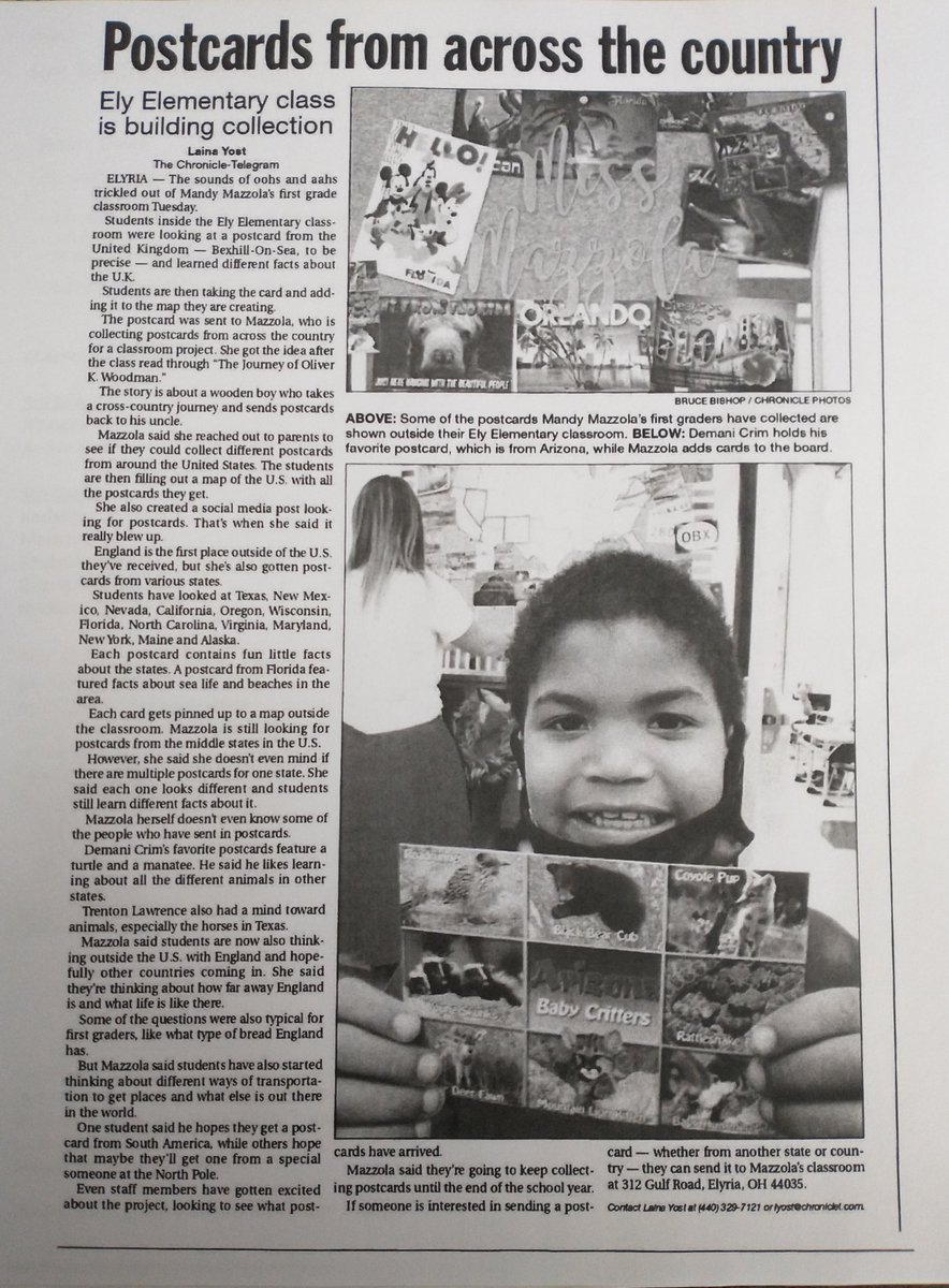 ElySchool's tweet photo. Check out the latest article from @YourChronicle that talks about Ms. Mazzola's Postcard activity with her class #PostcardsFromAcrossTheCountry #PostcardChallenge #ElyPride #PioneerProud #MazzolasClass https://t.co/StsSviyLjY
