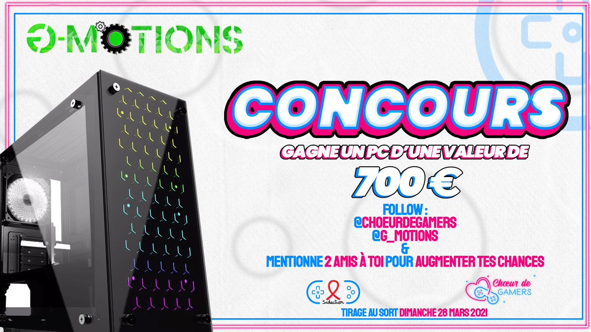 choeurdegamers's tweet photo. #Concours
A l'occasion de l'annonce de notre partenaire G-MOTIONS sur l'événement #GamingForSidaction Nous vous faisons gagner un PC d'une valeur de 700€ !
Pour participer:

🔁RT ce tweet
💚Follow @choeurdegamers &amp; @G_MOTIONS
🍀Pour + de chance tag 2 ami(e)s
🙂TAS 28/03 au soir https://t.co/aOsAHfRPfF