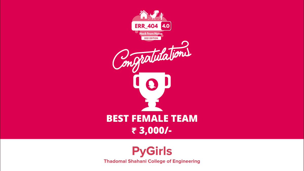 Err404Hackathon's tweet photo. Presenting the Best Female Team - PyGirls from @tsecedu, Thadomal Shahani Engineering College.

#technology #hackathon #think #innovate #code #win https://t.co/Zl9oUmwApM