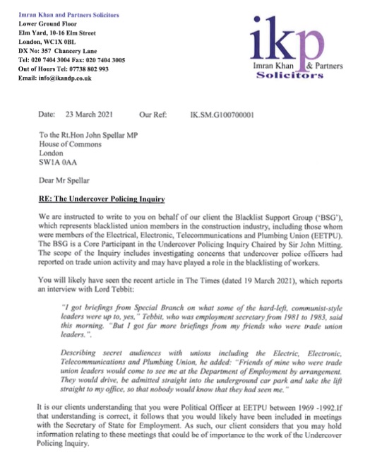 DaveBlacklist's tweet photo. BREAKING
Imran Khan QC, representing #blacklisted construction workers, questions John Spellar MP over claims by Norman Tebbit about secret meetings with EETPU electricians' union. 
@spellar https://t.co/AueCjM28I3