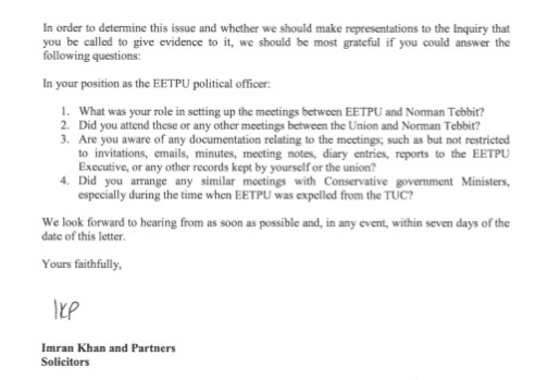DaveBlacklist's tweet photo. BREAKING
Imran Khan QC, representing #blacklisted construction workers, questions John Spellar MP over claims by Norman Tebbit about secret meetings with EETPU electricians' union. 
@spellar https://t.co/AueCjM28I3