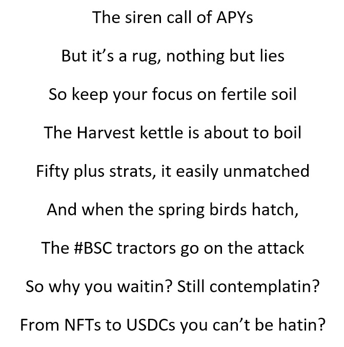 smokatokey's tweet image. Alright @harvest_finance @harvestfi lets get some bad poetry in the mix #BreadForthePeople #DeFi $iFARM