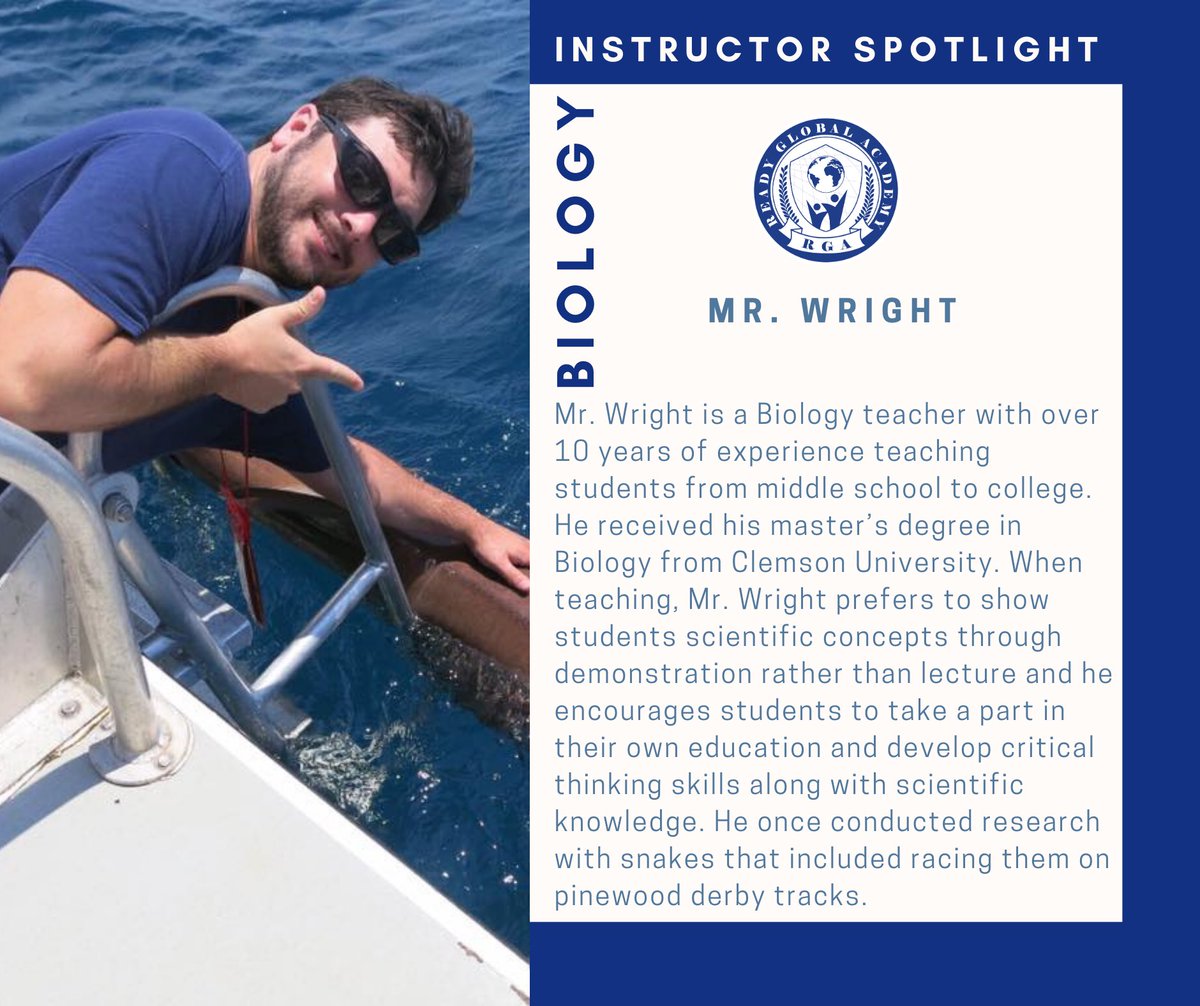 readyglobal's tweet image. Today's Instructor Spotlight is on our Biology instructor, Mr. Wright. Mr. Wright earned his undergraduate degree from the University of Florida and his master's degree from Clemson University. To learn more about our programs and instructors, go to readyglobalacademy.org