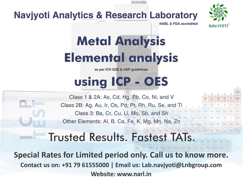 #MetalAnalysis & #ElementalAnalysis (as per #ICH Q3D & #USP guidelines)
using #ICP-OES
Class 1 & 2A, 2B, 3 other elements

#TrustedResults & #FastestTATs
only at #NavjyotiLab
Special Rates for a limited Period.
Call us to know more.

#laboratorytest #laboratorytesting #ICPTesting