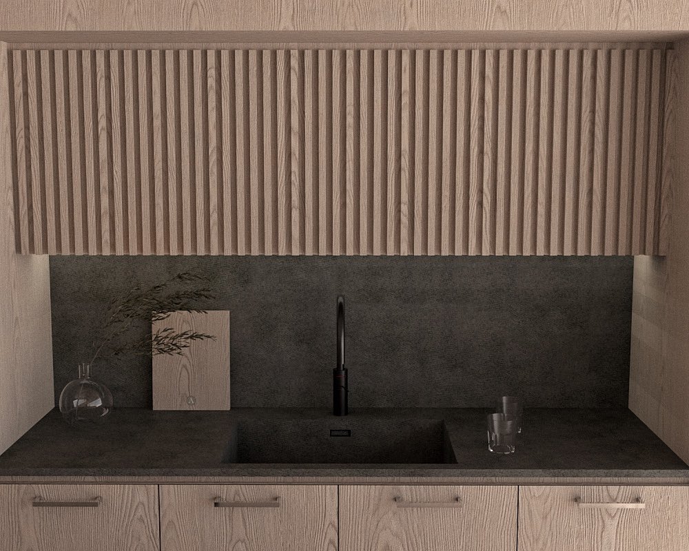 Sink view ~ this will all be solid chestnut and hopefully an integrated sink with black <a href="/quookeruk/">Quooker UK</a> tap