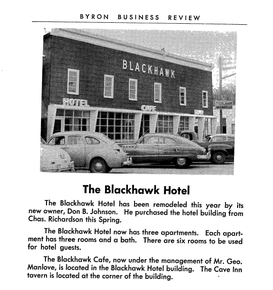 ByronLibrary's tweet photo. #ThrowbackThursday: Interested in #ByronIL history? This picture of the former Blackhawk Hotel is courtesy of the Byron Business Review 1952 found under our local history tab: https://t.co/oclI4OCVn1 https://t.co/3C67THzvPY