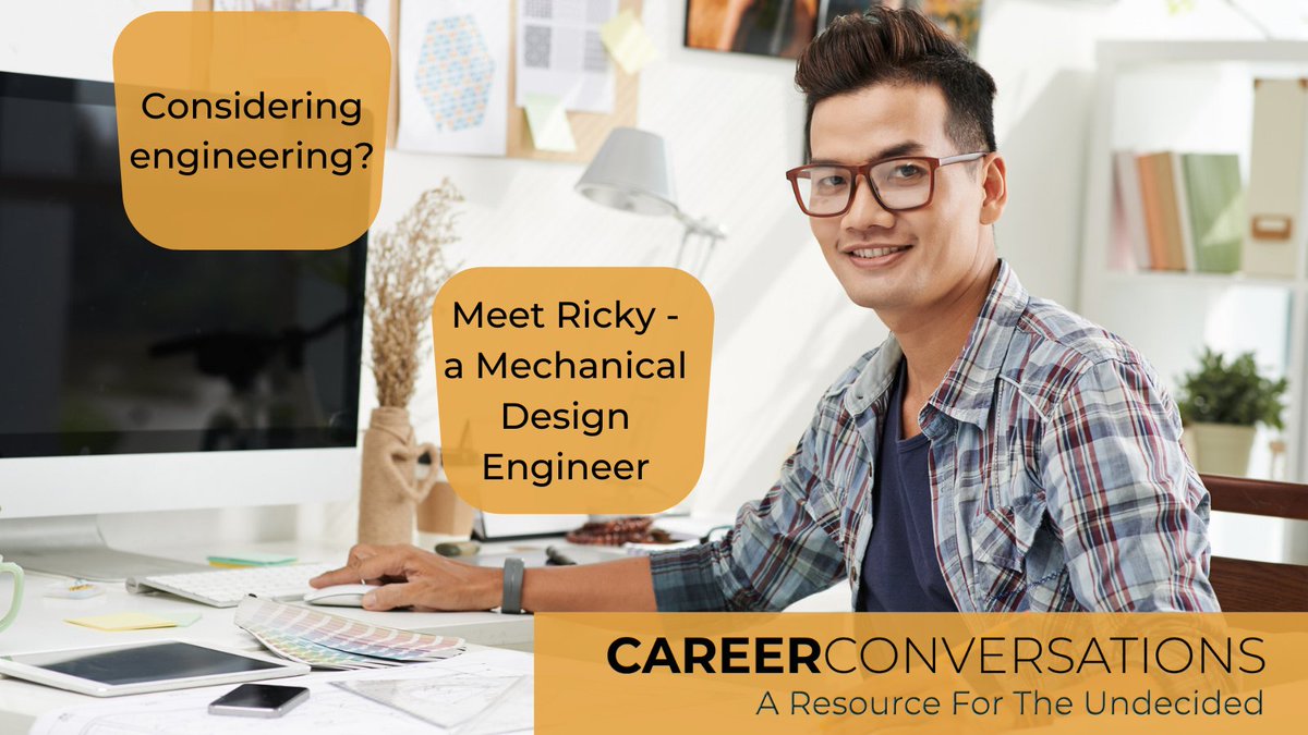 CareerTalk4U's tweet photo. Thinking about engineering? Meet Ricky - a mechanical design engineer. #whatdoesanengineerdo #mechanicalengineering #mechanicalengineer #engineeringmajor #mechanicalengineeringmajor #engineeringdegree #mechanicalengineeringdegree #mathorengineering #designengineer https://t.co/0ePyqVp2XI