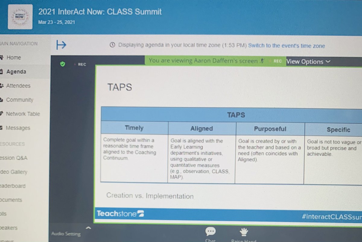 cobuendia's tweet photo. A strong coaching goal is a TAPS goal. Understanding the difference between creation and implementation goals is important to ensure success. Awesome presentation, Aaron @AaronDaffern  and Christina Zsarzynski! #InteractCLASSsummit @ICanReadDallas @DrElenaSHill https://t.co/iQ8Dv1Uu5i