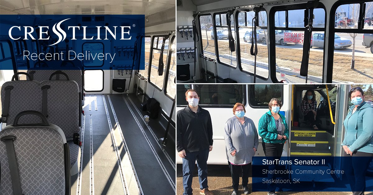 CrestlineCoach's tweet photo. Congratulations to Sherbrooke Community Centre on their new StarTrans Senator II bus. With full length L-Track, this bus can accommodate up to 7 wheelchair passenger. Contact us today to learn more https://t.co/3CB57yy6D8 #busdealer #CrestlineBus #shuttle https://t.co/zNhXAkDsZC