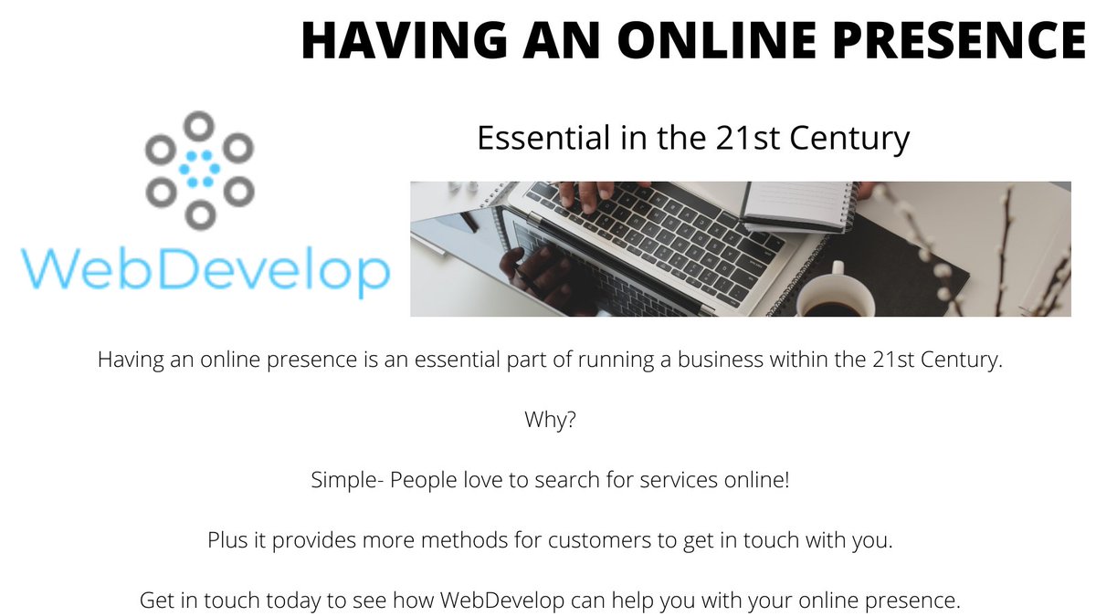 WebDevelop9's tweet image. Having an online presence is essential within the 21st Century.
Get in touch today to see how WebDevelop can help with your online presence.
#websitedevelopment #website #online #new #21stcentury