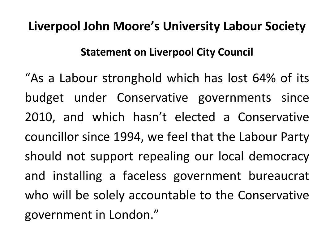 labour_ljmu's tweet photo. We believe that @UKLabour is wrong to support the repealing of our local democracy in Liverpool, and in any other city across the UK

Our statement on @lpoolcouncil and the government takeover

#LiverpoolTogether https://t.co/fqekUqjQeF