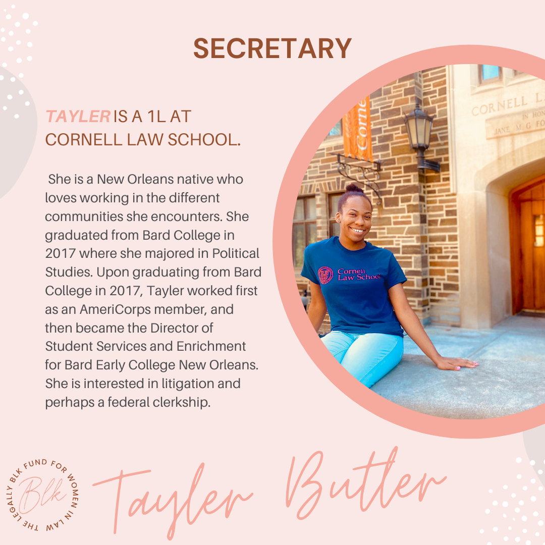 Legally BLK Fund (@legallyblkfund) on Twitter photo Introducing the Legally BLK Fund Secretary, Tayler!
Tayler is a 1L at Cornell Law! View our Takeovers highlight to see what Tayler's day is like in law school currently.
Feel free to reach out to Tayler at tayler@legallyblkfund.org! Introducing the Legally BLK Fund Secretary, Tayler!
Tayler is a 1L at Cornell Law! View our Takeovers highlight to see what Tayler's day is like in law school currently.
Feel free to reach out to Tayler at tayler@legallyblkfund.org!