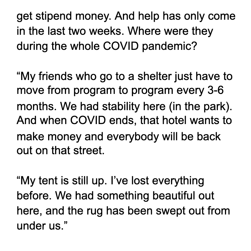Just off the phone w/ Ayman Ahmed, longtime resident of the Echo Park tent community and organizer. Here are my notes from our conversation. He's exhausted, emotional. His point about stability hits home--there is no guarantee of permanent housing after a hotel  #EchoParkRiseUp