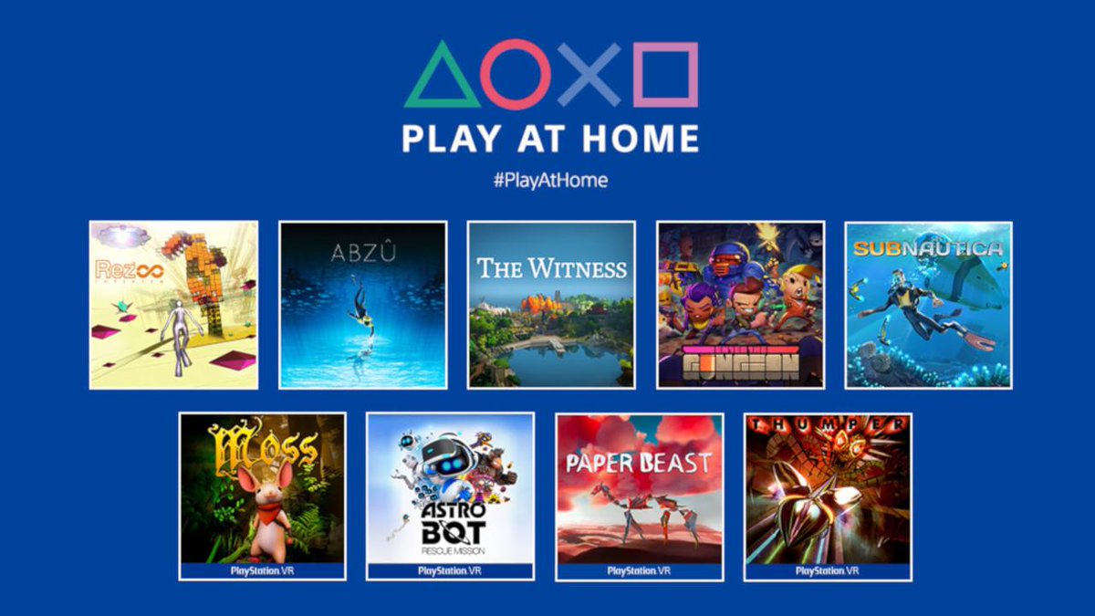 Starting today, you can download a selection of 9 free games as part of #PlayAtHome:
-ABZU
-Enter the Gungeon
-Rez Infinite
-Subnautica
-The Witness
-Astro Bot Rescue Mission
-Moss
-Thumper
-Paper Beast
 
Full details: play.st/2OXmDZ7