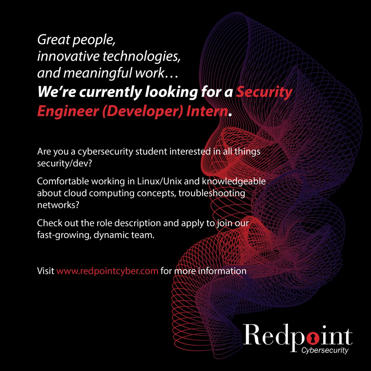RedpointCyber's tweet photo. We are looking for a dynamic, motivated learner with knowledge in internet fundamentals and cloud computing concepts to join our team as we build cutting-edge security tools for a range of global clients. 

More info: https://t.co/W7UE9zt2Lj

#cybersecurity #DevSecOps #internship https://t.co/YIYCSI8dUI