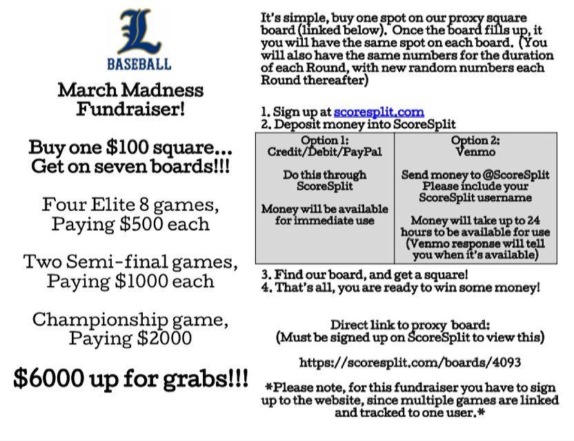 Lemont_Baseball's tweet image. HURRY HURRY....We still have some squares left!!! $100 Squares will cover final score for the following: Elite 8, Final 4, Nat. Championship. Numbers will be redrawn after each round. Send a DM or email  bstorako@lhs210.net if you have questions. @Score_Split