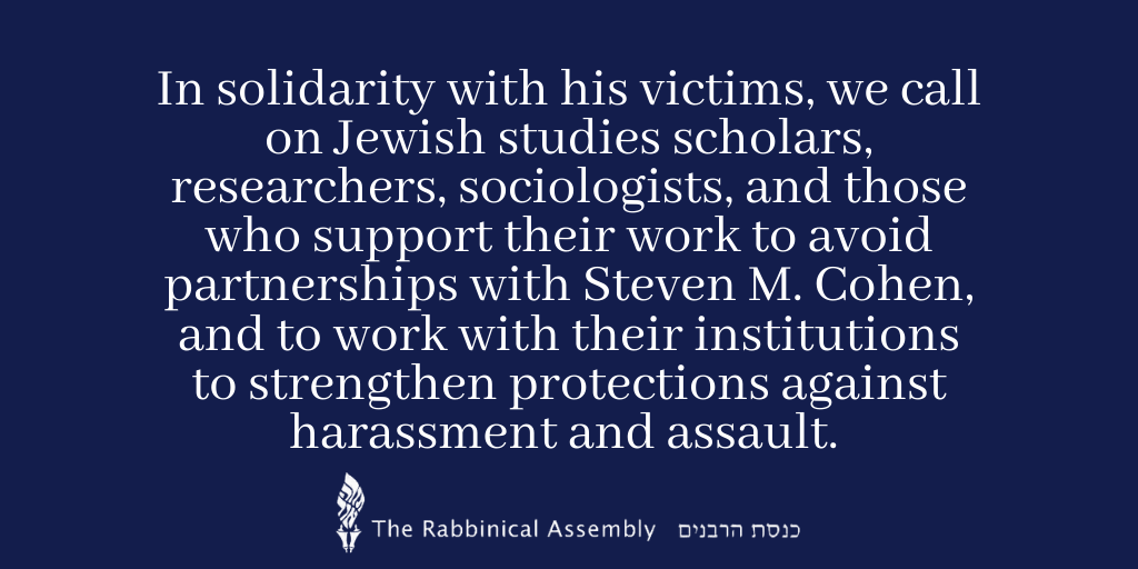 RabbiAssembly's tweet photo. We are dismayed to hear about “small conversations” being organized by leading Jewish sociologists in partnership with Steven M. Cohen, the noted Jewish academic who admitted to sexual impropriety against female colleagues in 2018. Read our full statement: https://t.co/ey0lxWk2ut https://t.co/NoTtMfWztT