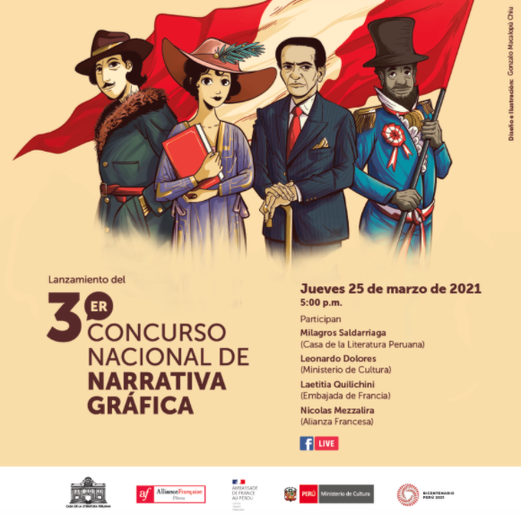 HOY a las 5 p.m. los esperamos en la transmisión EN VIVO, en nuestra página Facebook, de la presentación del 3er Concurso Nacional de Narrativa Gráfica, organizado por la @casaliteratura , la @AFLima_Oficial , con el auspicio de @MinCulturaPe y de la Embajada de Francia.