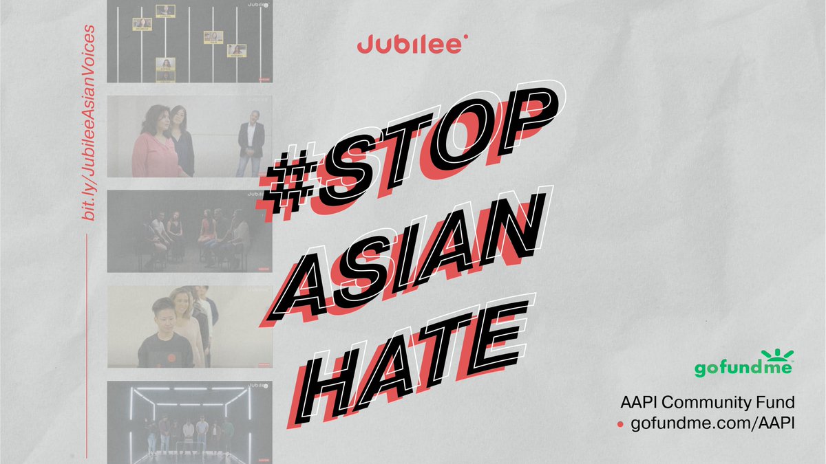 We're appalled by the rise in hate crimes towards Asian Americans &amp; stand in solidarity with the AAPI community.

Over the next month, we will match &amp; donate ad revenue from our #StopAsianHate playlist [bit.ly/JubileeAsianVo…] to the AAPI Community Fund [gofundme.com/AAPI]