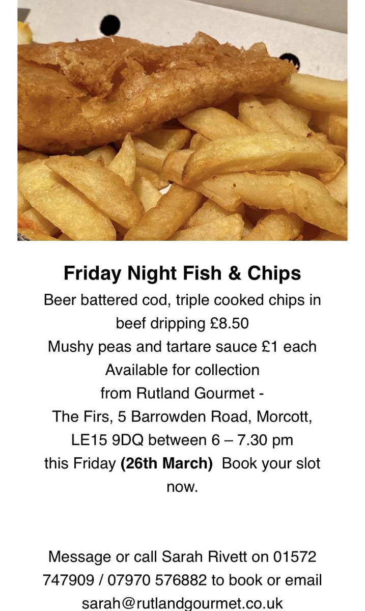 Friday Night Fish and Chips #akeaway this Friday from <a href="/RutlandGourmet/">Rutland Gourmet</a> book your slot now - 07970 576882
