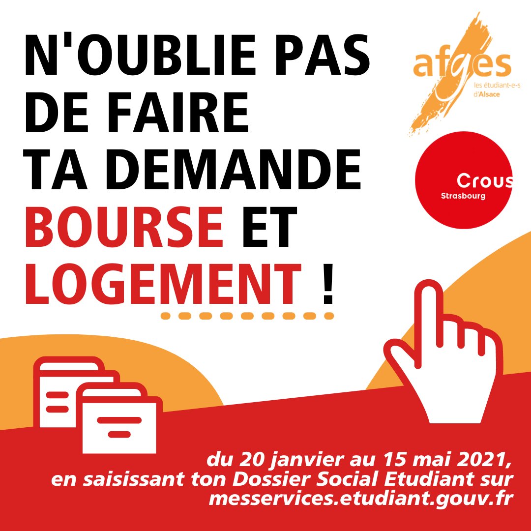 [DOSSIER SOCIAL ÉTUDIANT] 👫

Jusqu'au 15 mai, vous pouvez faire votre #DossierSocialEtudiant. Il doit être fait chaque année et est nécessaire pour faire :
▶️ une demande de bourse 
▶️ une demande de logement en résidence Crous

afges.org/dse

<a href="/Croustrasbourg/">Crous de Strasbourg</a>
