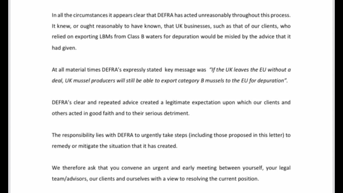 “The responsibility lies with DEFRA to urgently take steps to remedy or mitigate the situation it has created” - mussel farmers  @OffshoreShell send legal letter to Environment Secretary calling for redress for the effects of the ban on sending their mussels to the EU unpurified.