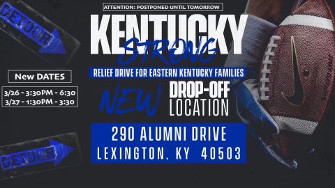 UKSportsNetwork's tweet photo. #BBN, there are TWO NEW DATES if you’d like to help @UKFootball provide relief to Kentuckians affected by flooding.

Household items, cleaning supplies, water and non-perishable foods are accepted!

Stop by Friday and Saturday to support! https://t.co/cxaWhH8KXH