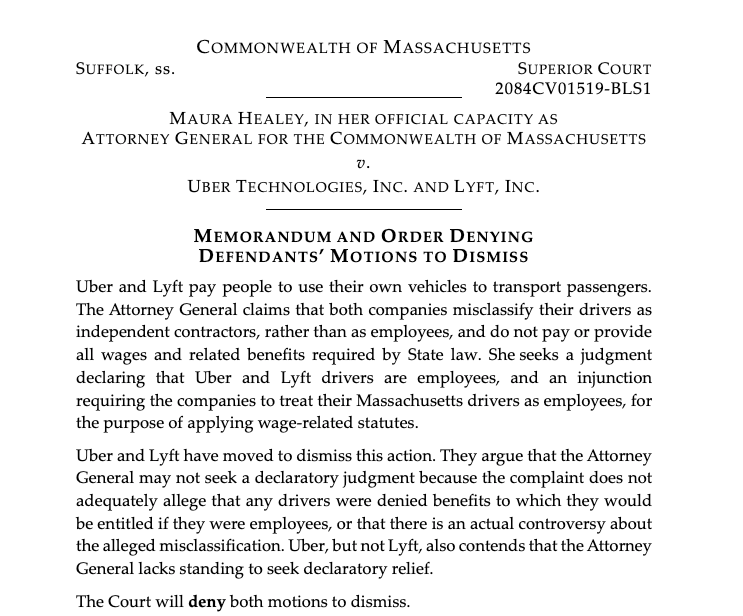 BREAKING: Just now, a big loss for <a href="/Uber/">Uber</a> <a href="/lyft/">Lyft</a>! 

This afternoon, a MA court refused to dismiss a lawsuit filed by <a href="/MassAGO/">AG Andrea Joy Campbell</a> alleging the companies misclassified workers as independent contractors.