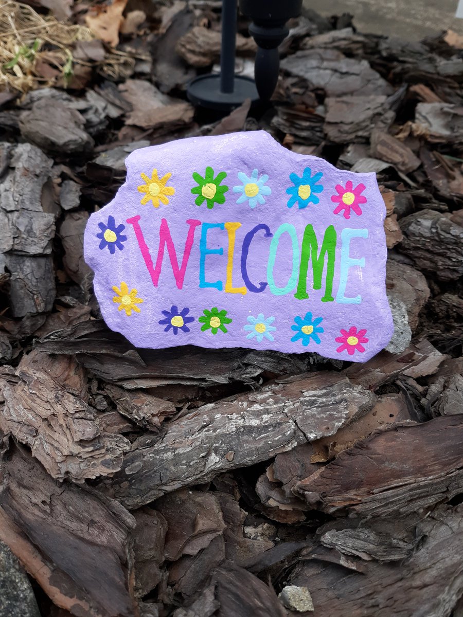 rckingrocks's tweet photo. #Welcome rock I painted for the front flower bed #spring #easter #rcking https://t.co/RtK7uyUfBM