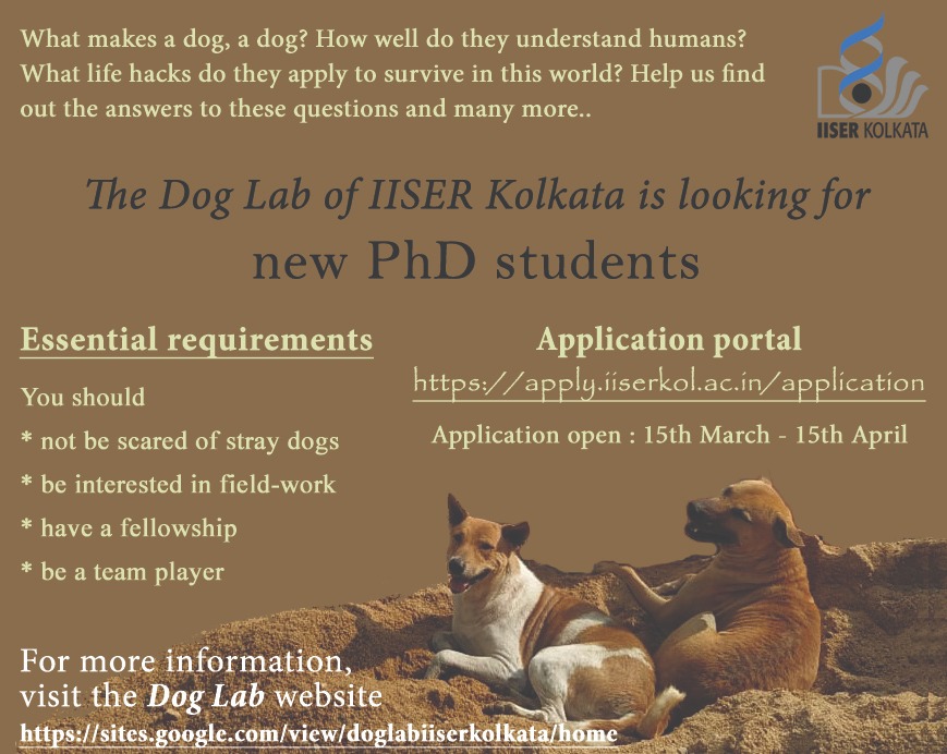 Interested in a PhD in #behaviour/ #ecology/ #cognition? The Dog Lab <a href="/iiserkol/">IISER Kolkata</a> is looking for 2-3 new students. Apply! Do help us spread the word! <a href="/AnimBehSociety/">Animal Behavior Society</a> <a href="/AnimalOpps/">Animal behavior opps animalopps.bsky.social</a>  <a href="/ABCmicrogrants/">Animal Behaviour Collective</a> #dogs #freerangingdogs