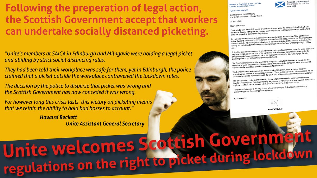 UniteScotland's tweet photo. After the threat of legal action, Unite welcomes @scotgov’s introduction of regulations confirming workers taking lawful industrial action have a right to picket.

For however long this crisis lasts, this victory means that we retain the ability to hold bad bosses to account. https://t.co/La8wNlF8cW