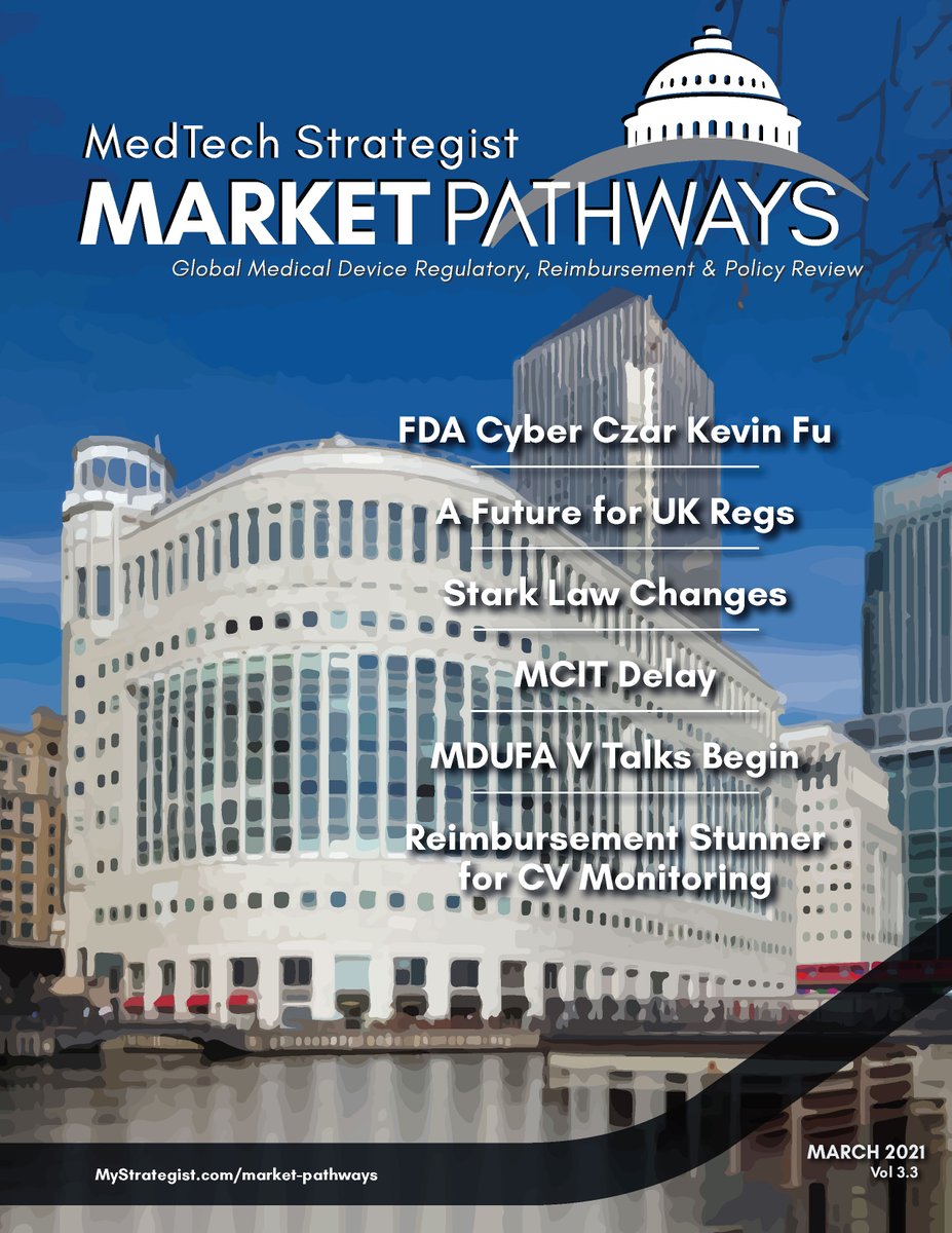 MedTechStrat's tweet photo. ❗️NEW ISSUE ALERT❗️@Market_Pathways Vol 3.3 March 2021 https://t.co/XSCML9hKRH

#FDA #CyberCzar @DrKevin Fu
UK #device regs post #Brexit
@wilsonsonsini: #StarkLaw changes 
#MCIT #breakthrough delay
#MDUFA V talks launch
#CVmonitoring #reimbursement ☹️ https://t.co/qMb2D0qHDQ