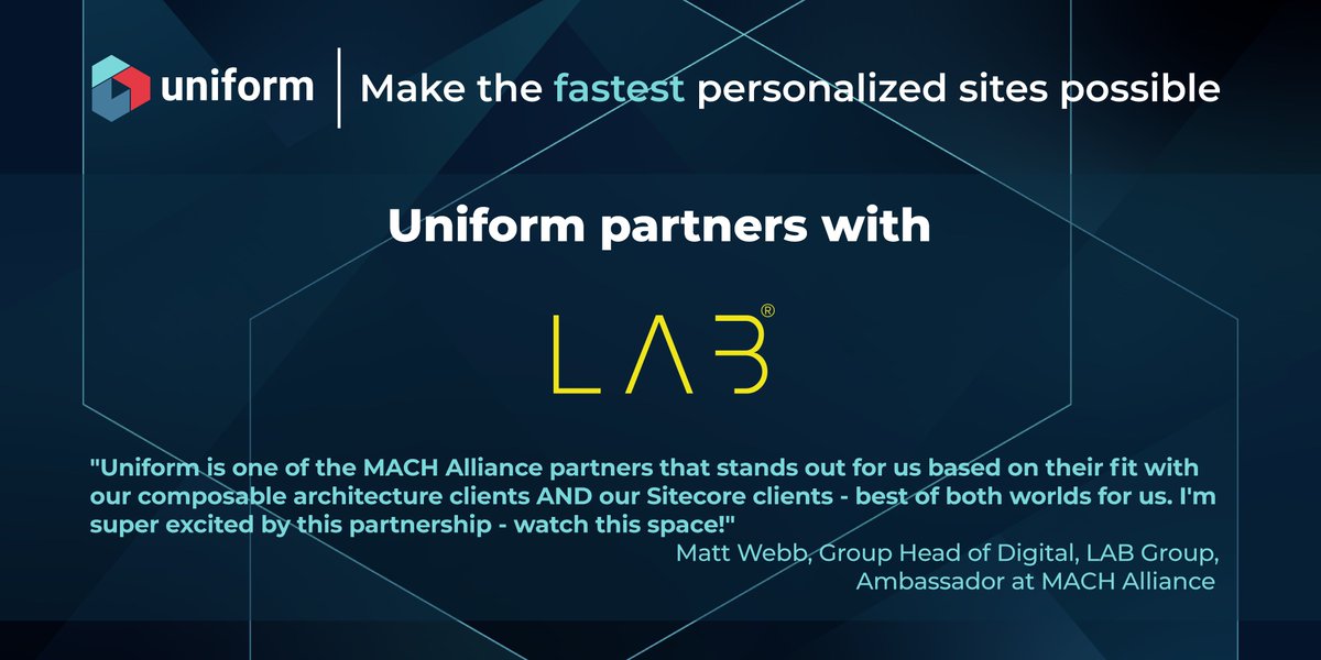 UniformDev's tweet photo. Blending together best-in-class agencies, the LAB Group is able to fully utilize Uniform software's unique capabilities for their clients' benefit. We are pleased to be partnering with an innovative and insightful group of agencies. #LABGroup #MACHalliance #Sitecore https://t.co/WUjNZ6Z1Rl