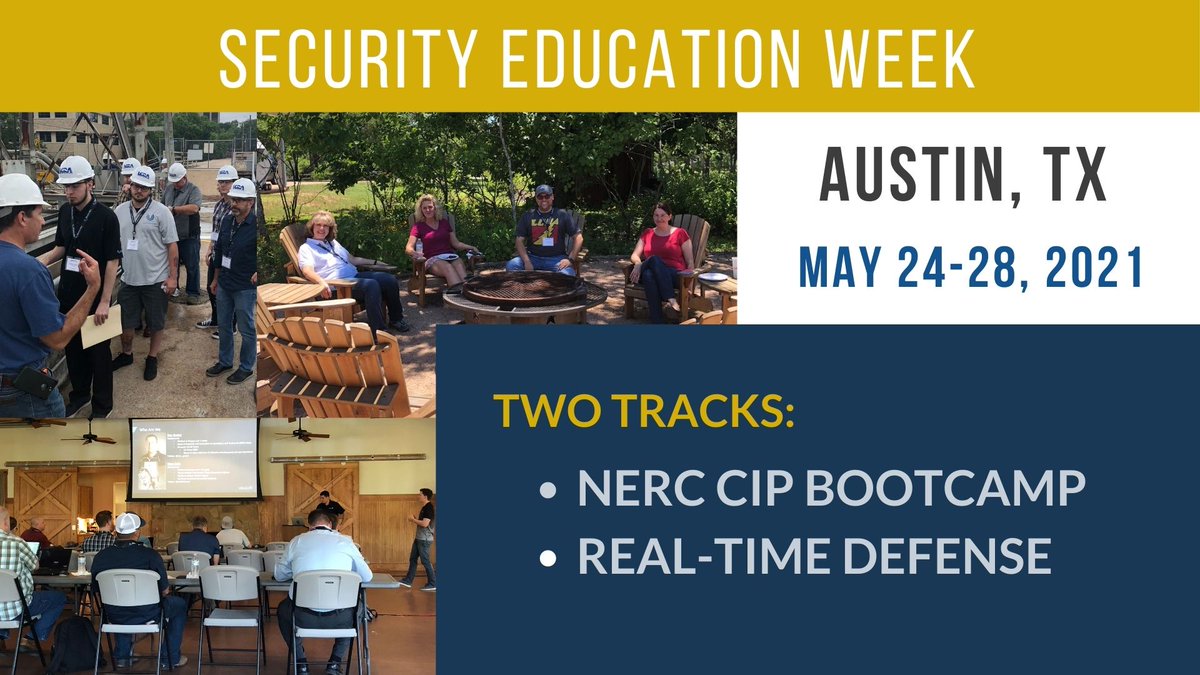 EnergySec's tweet photo. Join us in Austin, Texas, for Security Education Week.  Tracks include our NERC CIP Bootcamp and Real-time Defense instructed by Slade Griffin @ContextSec and EnergySec staff.  Class sizes will be limited. Register today!  https://t.co/73n0M8ngIC https://t.co/wZmO0dhEvI