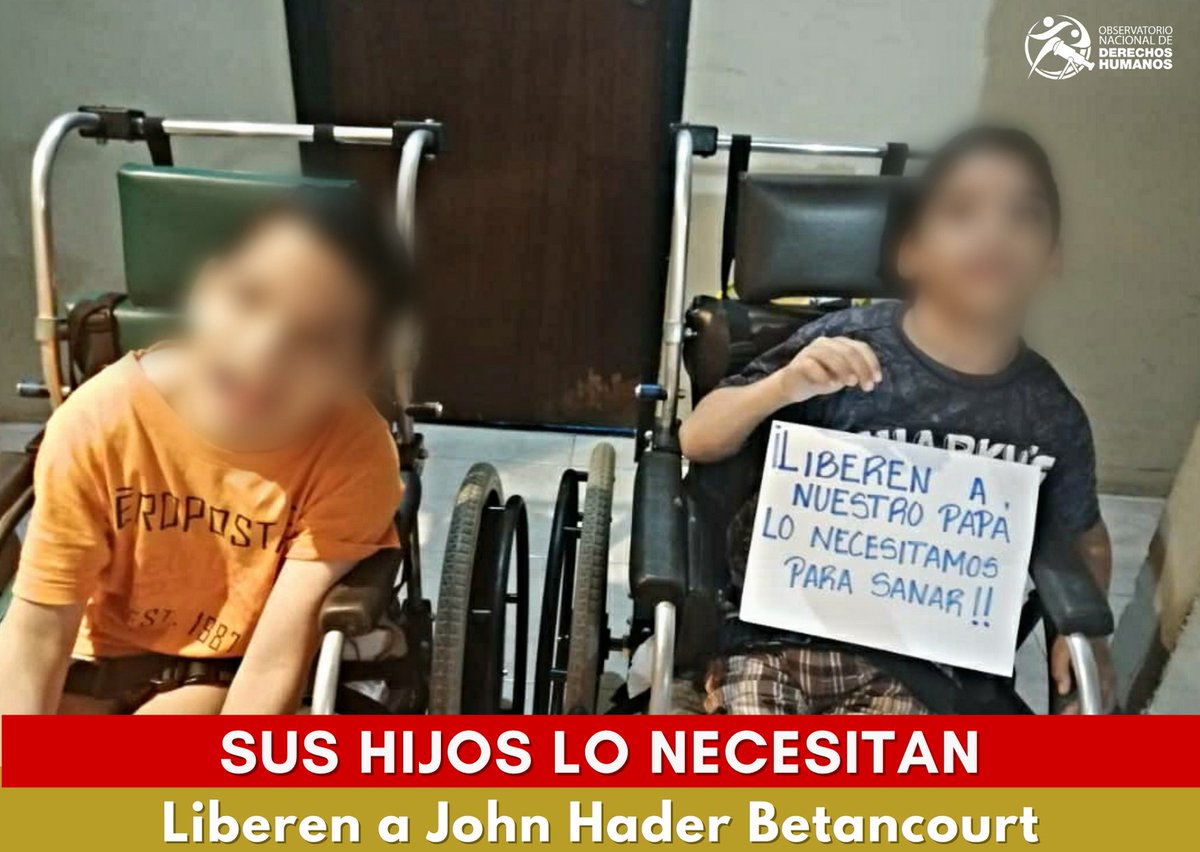 ONacionalDDHH's tweet photo. John Hader Betancourt se encuentra detenido desde el 16/08/2019, sus hijos gemelos deben ser sometidos a una intervención quirúrgica de alto riesgo, quiénes presentan cuadriparesia mixta y necesitan a su padre junto a ellos. 
#LiberenAJohnHader https://t.co/5BX5ukGD7N