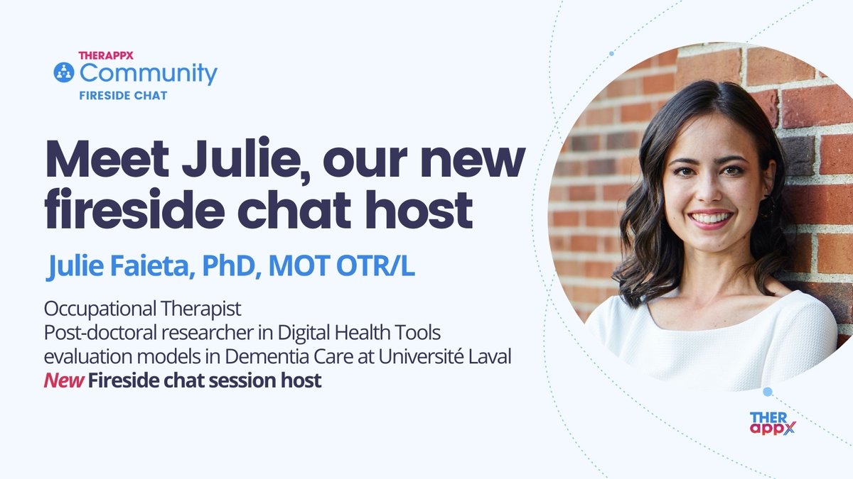 therappx's tweet photo. #TherAppXCommunity We are pleased to introduce @julie_faieta, our new #FiresideChat host! With her expertise in Digital Health Tools evaluation, we're certain Julie will deliver amazing content and interviews for our listeners. Stay tuned for upcoming events! Welcome, Julie! https://t.co/mf2bDQnISS