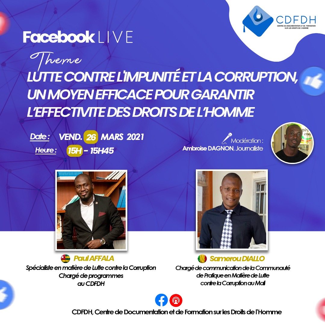 SamerouDiallo's tweet photo. Il existe de nombreux liens entre l'impunité, la corruption et les violations des droits de l'Homme, quasiment autant qu'il existe de droits reconnus à l'Homme.
Nous en parlons demain Vendredi 26 Mars 2021 à partir de 15H sur la page #CDFDH de Togo et #CPLC du Mali. https://t.co/pUorLJL5fw