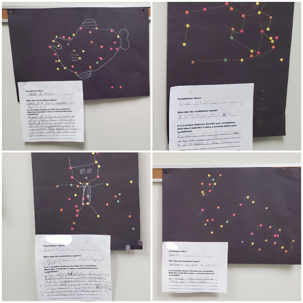 PennLincolnElem's tweet photo. 3rd graders at the STEAM Learning Center at Penn Lincoln have been studying constellations. After studying some well-known ones, they imagined what it would be like to name their own. Here are some of their scatter constellations. #PLSTEAM @PADeptofEd https://t.co/MV7SnZ2o3u