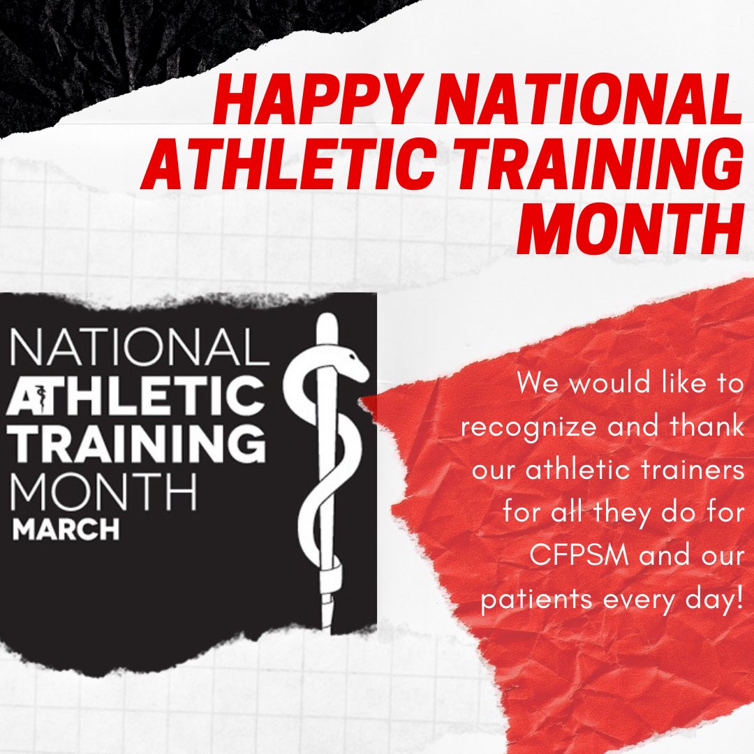 cfpsm's tweet photo. CFPSM would like to salute all of our athletic trainers for their role in providing quality health care for our patients every day. We appreciate each one of you and are grateful for your work as frontline health care heroes.#CFPSM #AthleticTrainers #NationalAthleticTrainingMonth https://t.co/wKFNhylw82